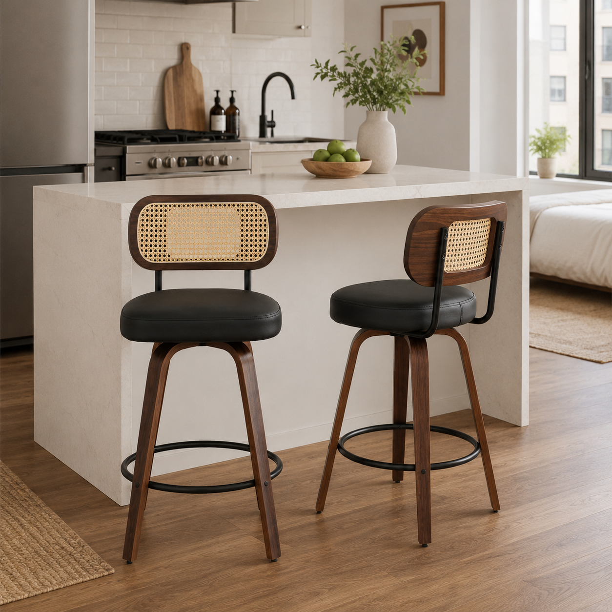 Medoc 26" Rattan Back Swivel Counter Height Upholstered Bar Stool Set of 2