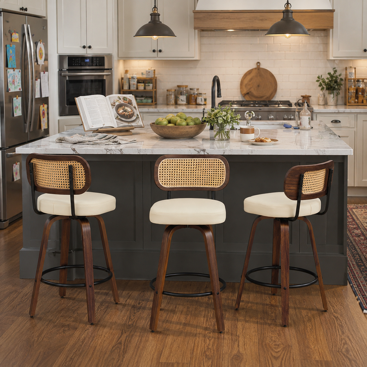 Medoc 26" Rattan Back Swivel Counter Height PU Upholstered Bar Stool Set of 3