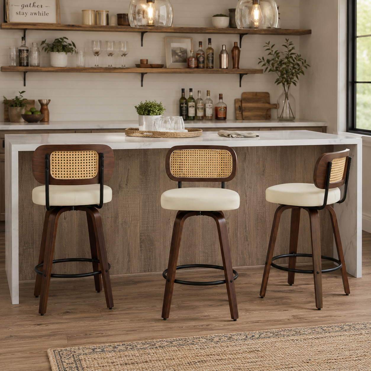 Medoc 26" Rattan Back Swivel Counter Height PU Upholstered Bar Stool Set of 3