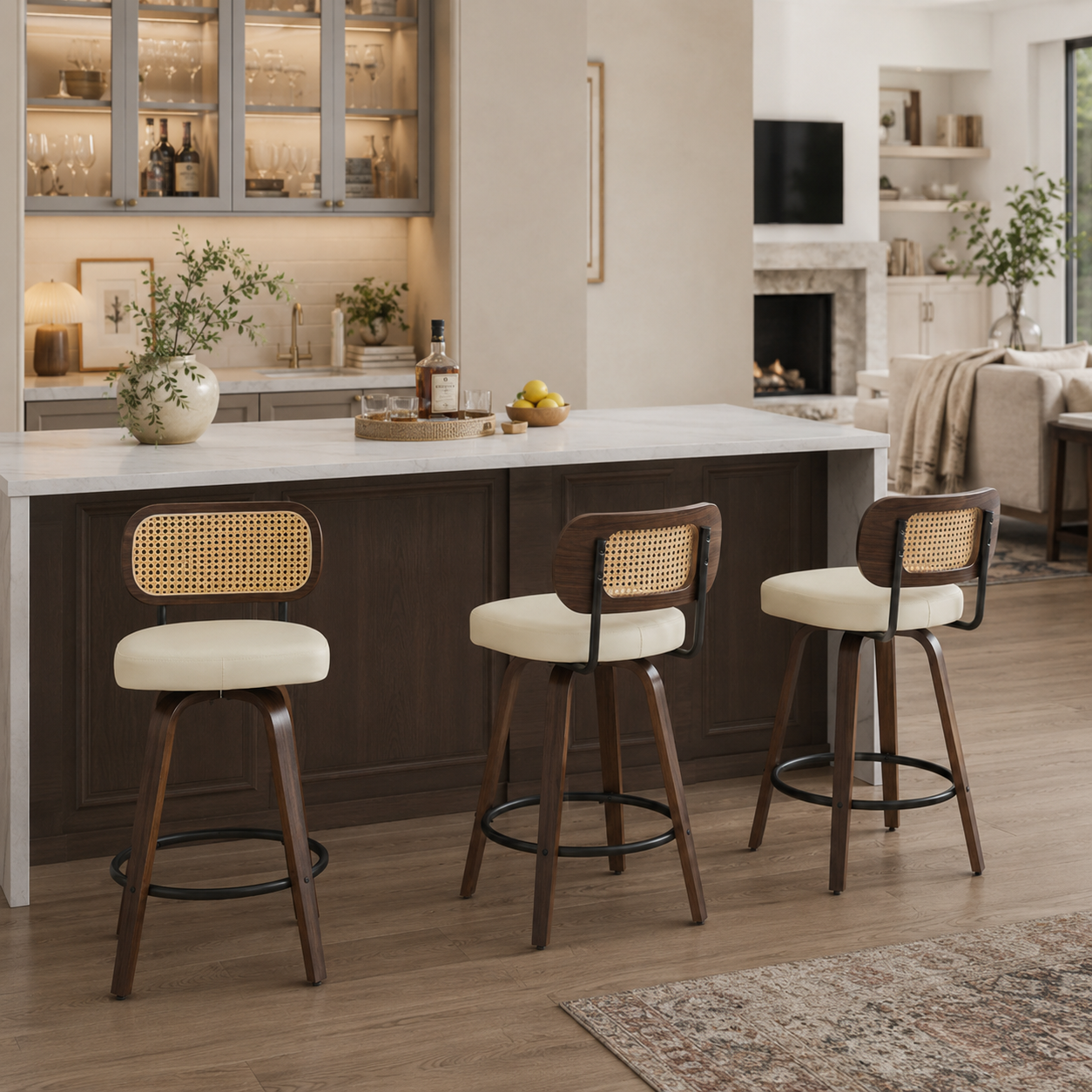 Medoc 26" Rattan Back Swivel Counter Height PU Upholstered Bar Stool Set of 3