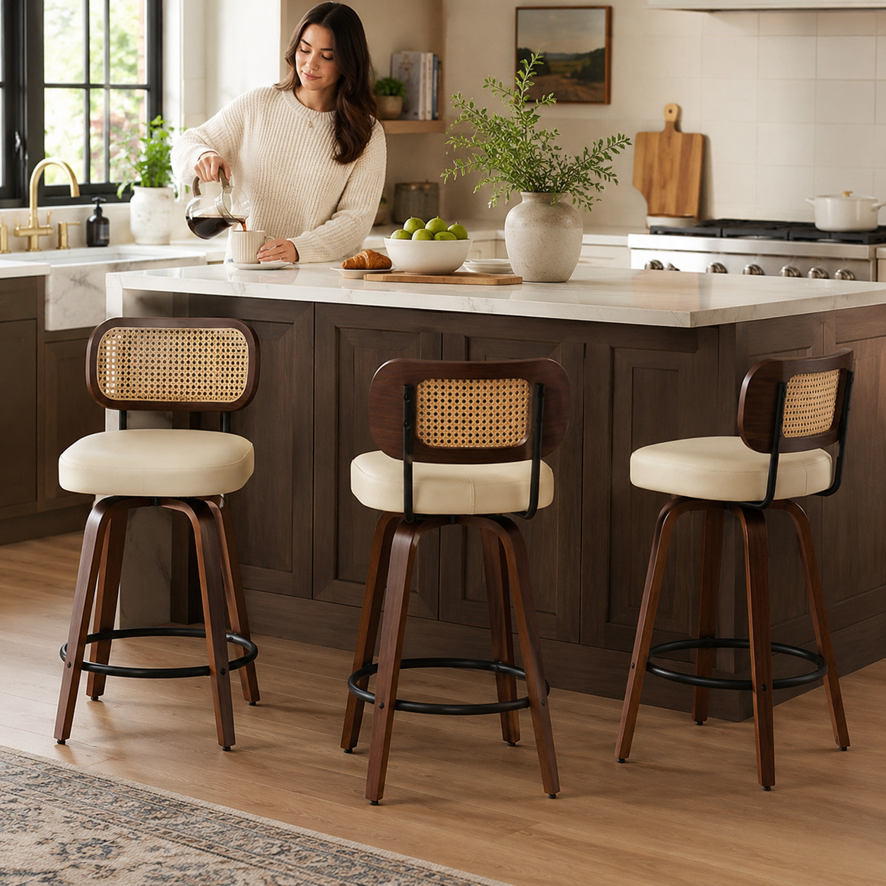 Medoc 26" Rattan Back Swivel Counter Height PU Upholstered Bar Stool Set of 3