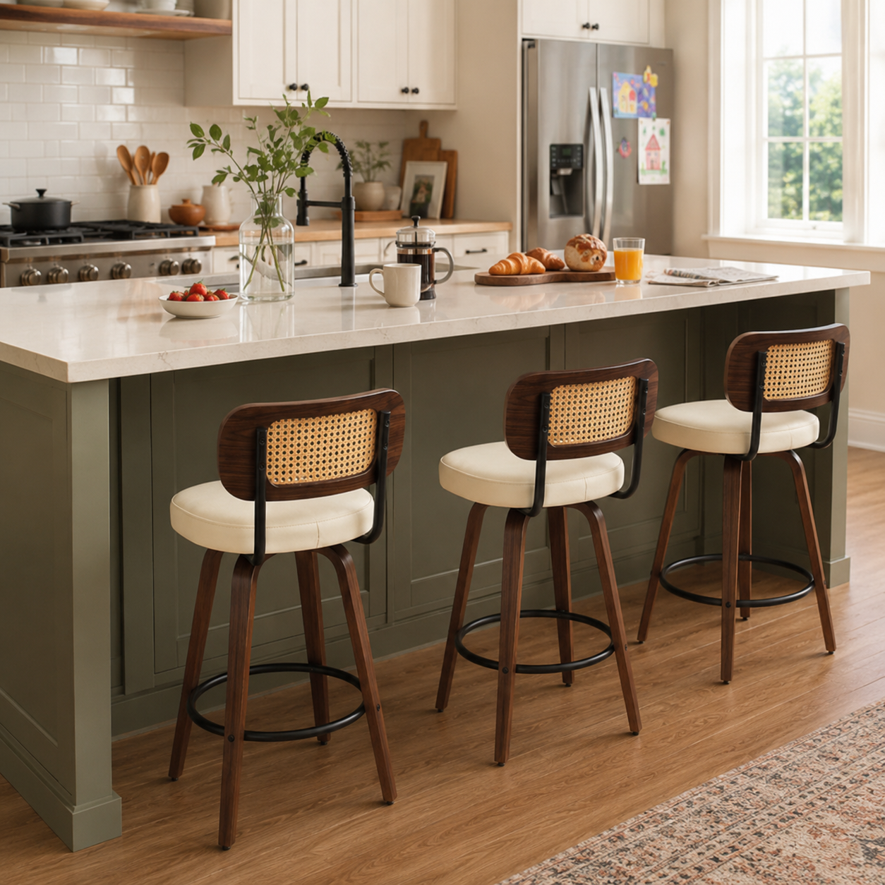Medoc 26" Rattan Back Swivel Counter Height PU Upholstered Bar Stool Set of 3