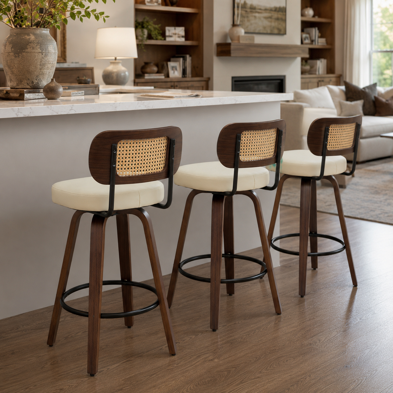 Medoc 26" Rattan Back Swivel Counter Height PU Upholstered Bar Stool Set of 3