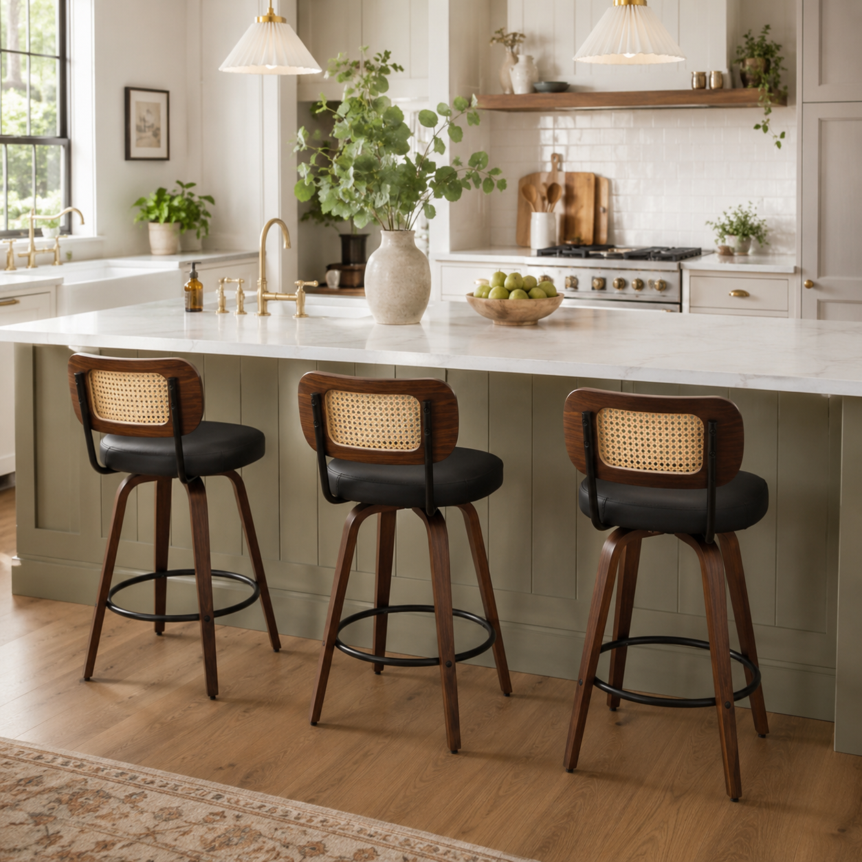 Medoc 26" Rattan Back Swivel Counter Height PU Upholstered Bar Stool Set of 3