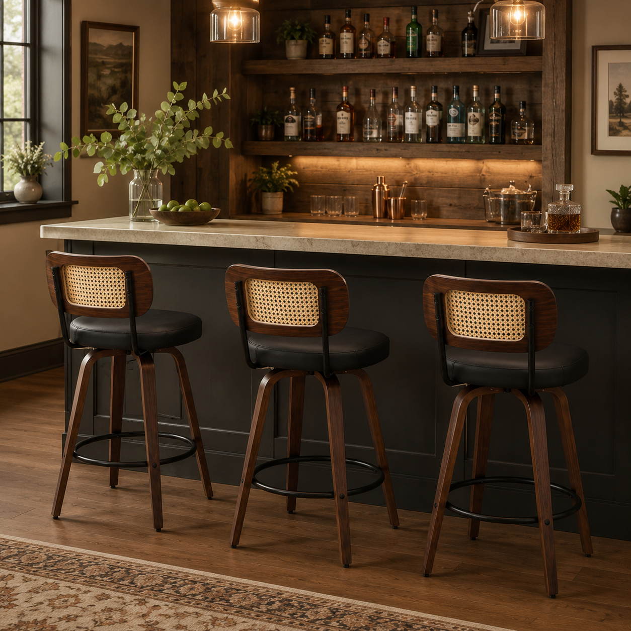 Medoc 26" Rattan Back Swivel Counter Height PU Upholstered Bar Stool Set of 3