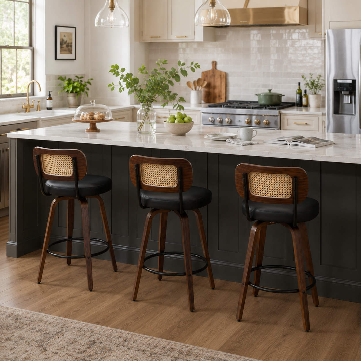 Medoc 26" Rattan Back Swivel Counter Height PU Upholstered Bar Stool Set of 3
