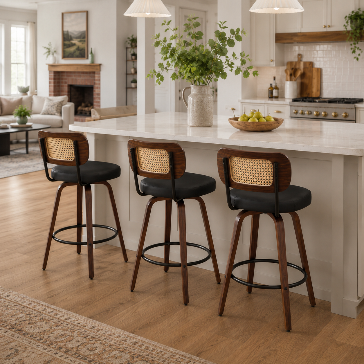 Medoc 26" Rattan Back Swivel Counter Height PU Upholstered Bar Stool Set of 3