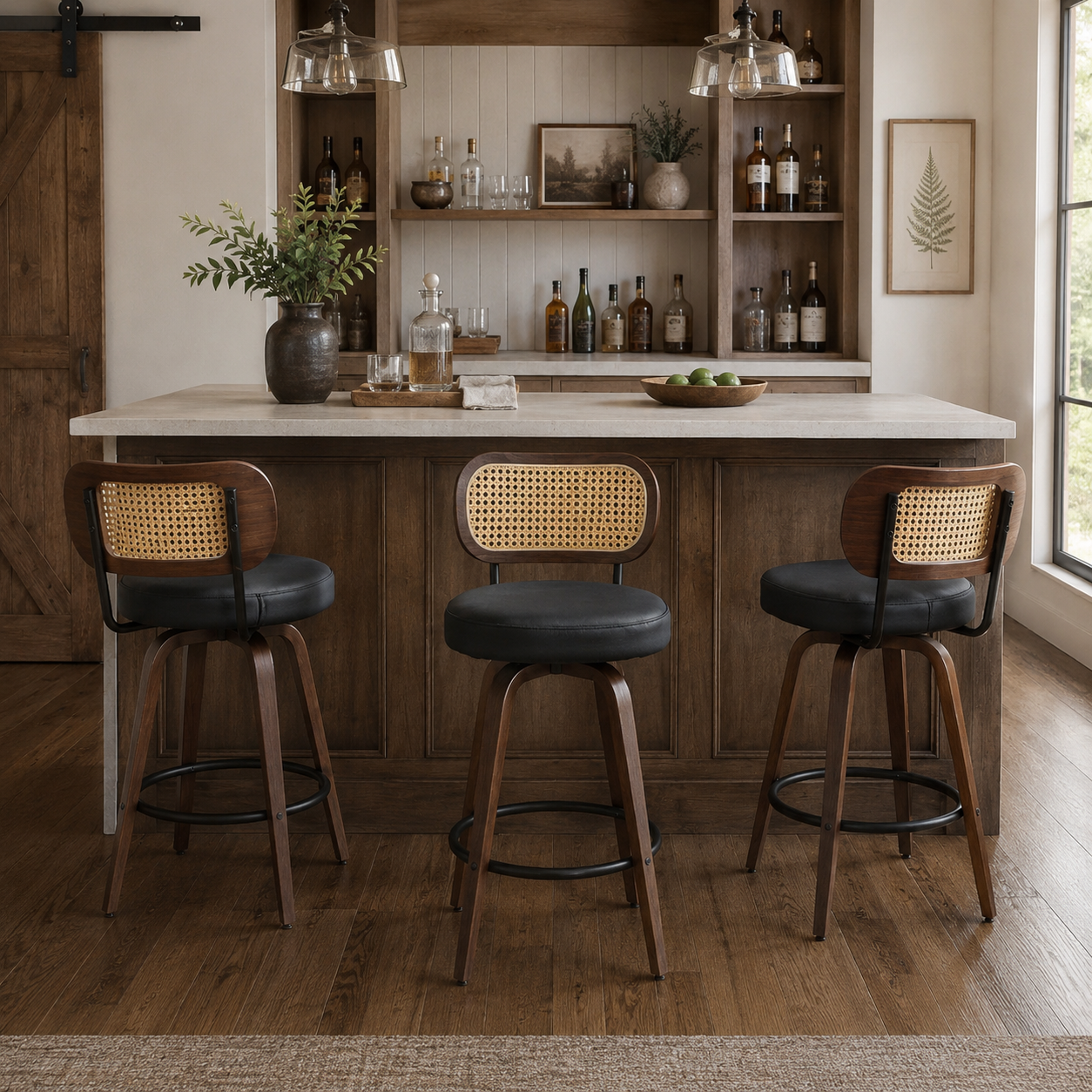 Medoc 26" Rattan Back Swivel Counter Height PU Upholstered Bar Stool Set of 3