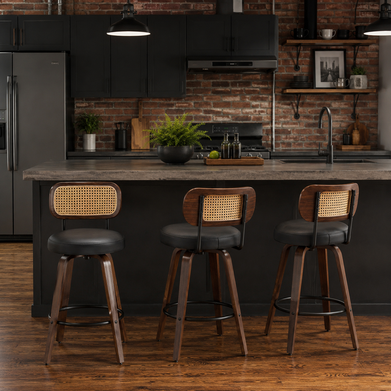Medoc 26" Rattan Back Swivel Counter Height PU Upholstered Bar Stool Set of 3