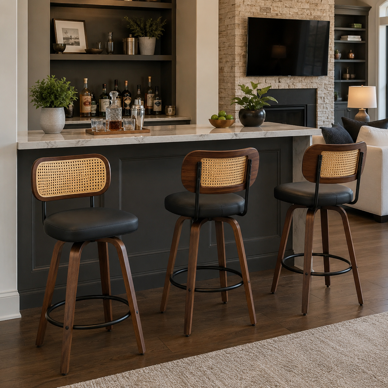 Medoc 26" Rattan Back Swivel Counter Height PU Upholstered Bar Stool Set of 3