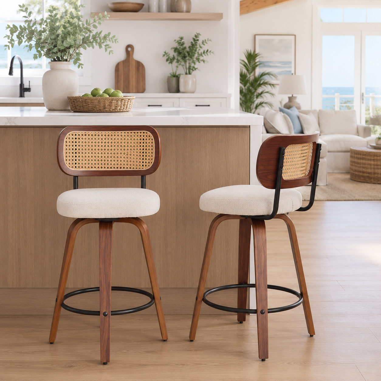 Medoc 26" Rattan Back Swivel Counter Height Linen Upholstered Bar Stool Set of 2