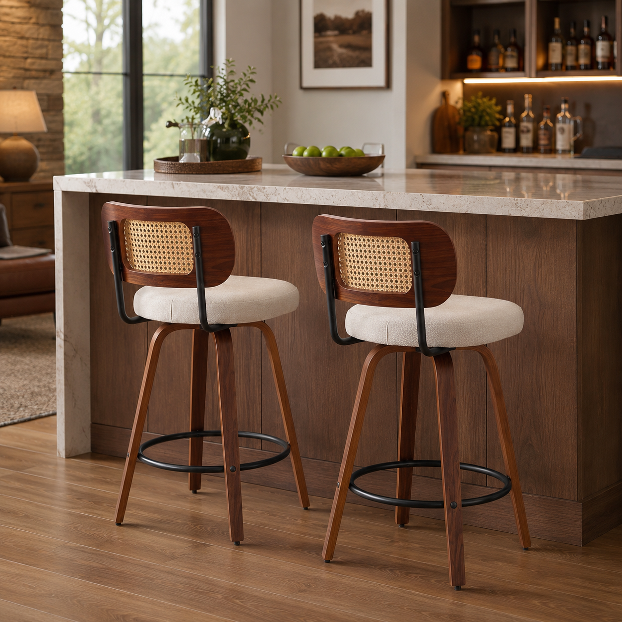 Medoc 26" Rattan Back Swivel Counter Height Linen Upholstered Bar Stool Set of 2