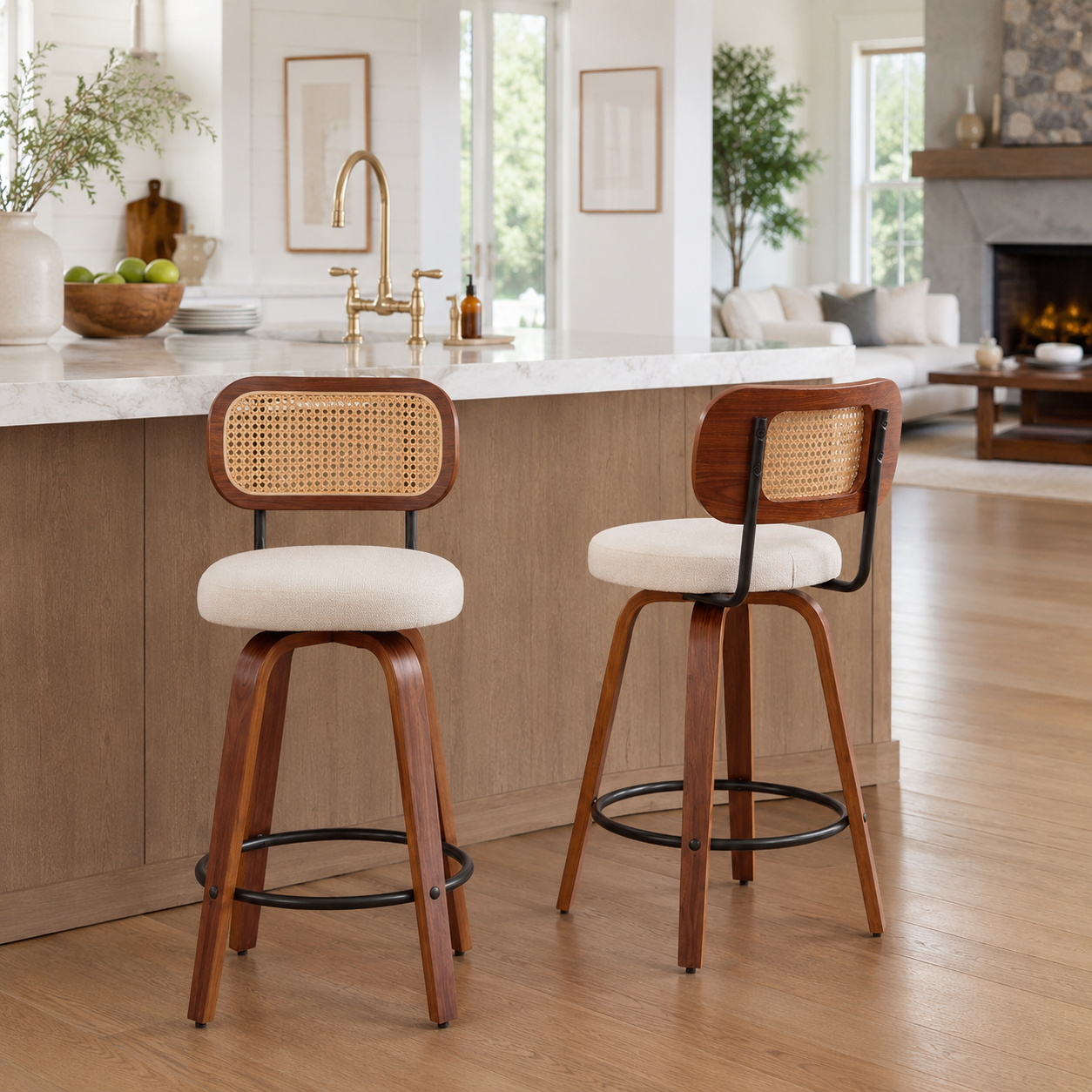 Medoc 26" Rattan Back Swivel Counter Height Linen Upholstered Bar Stool Set of 2