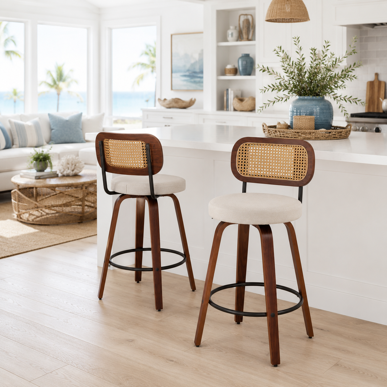 Medoc 26" Rattan Back Swivel Counter Height Linen Upholstered Bar Stool Set of 2
