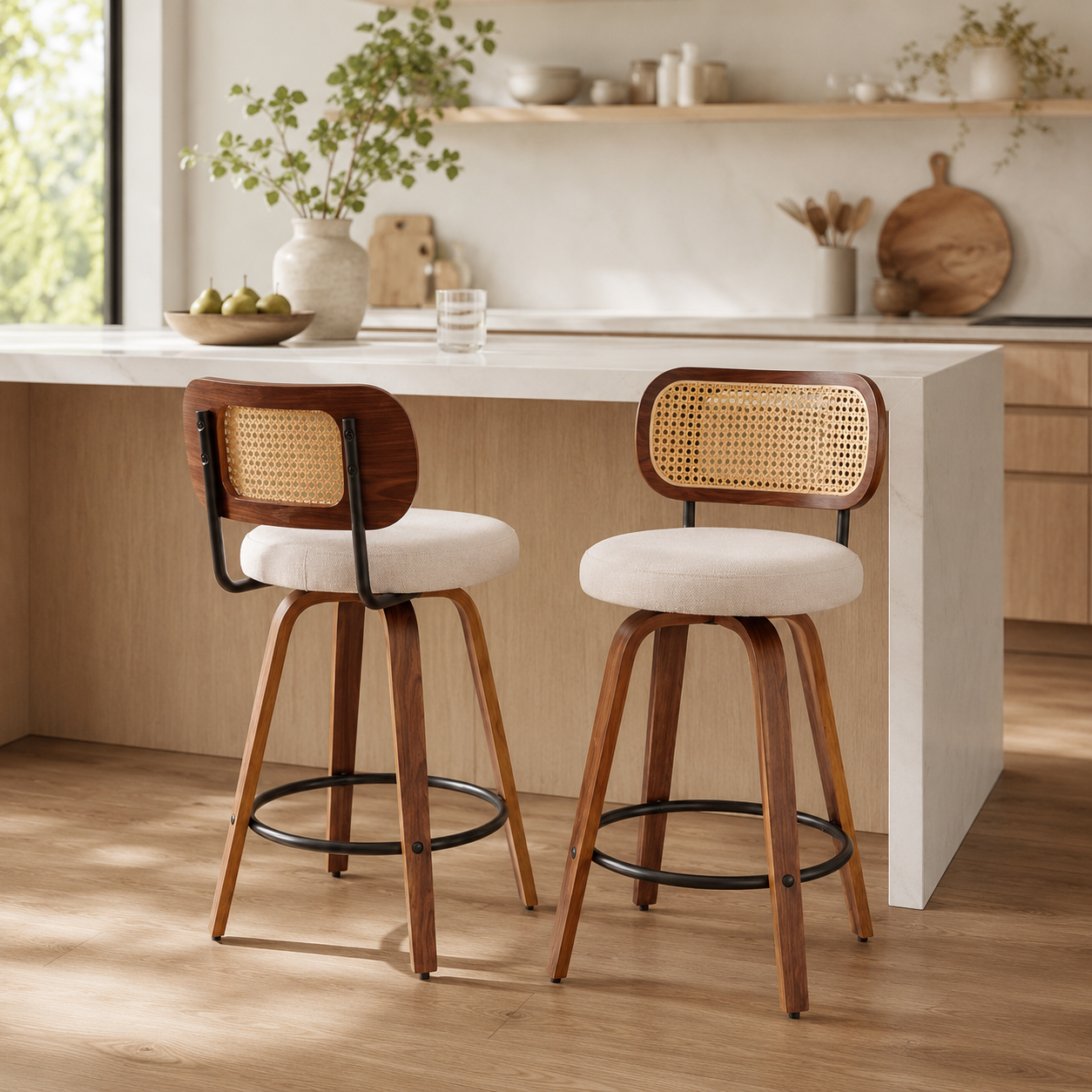 Medoc 26" Rattan Back Swivel Counter Height Linen Upholstered Bar Stool Set of 2