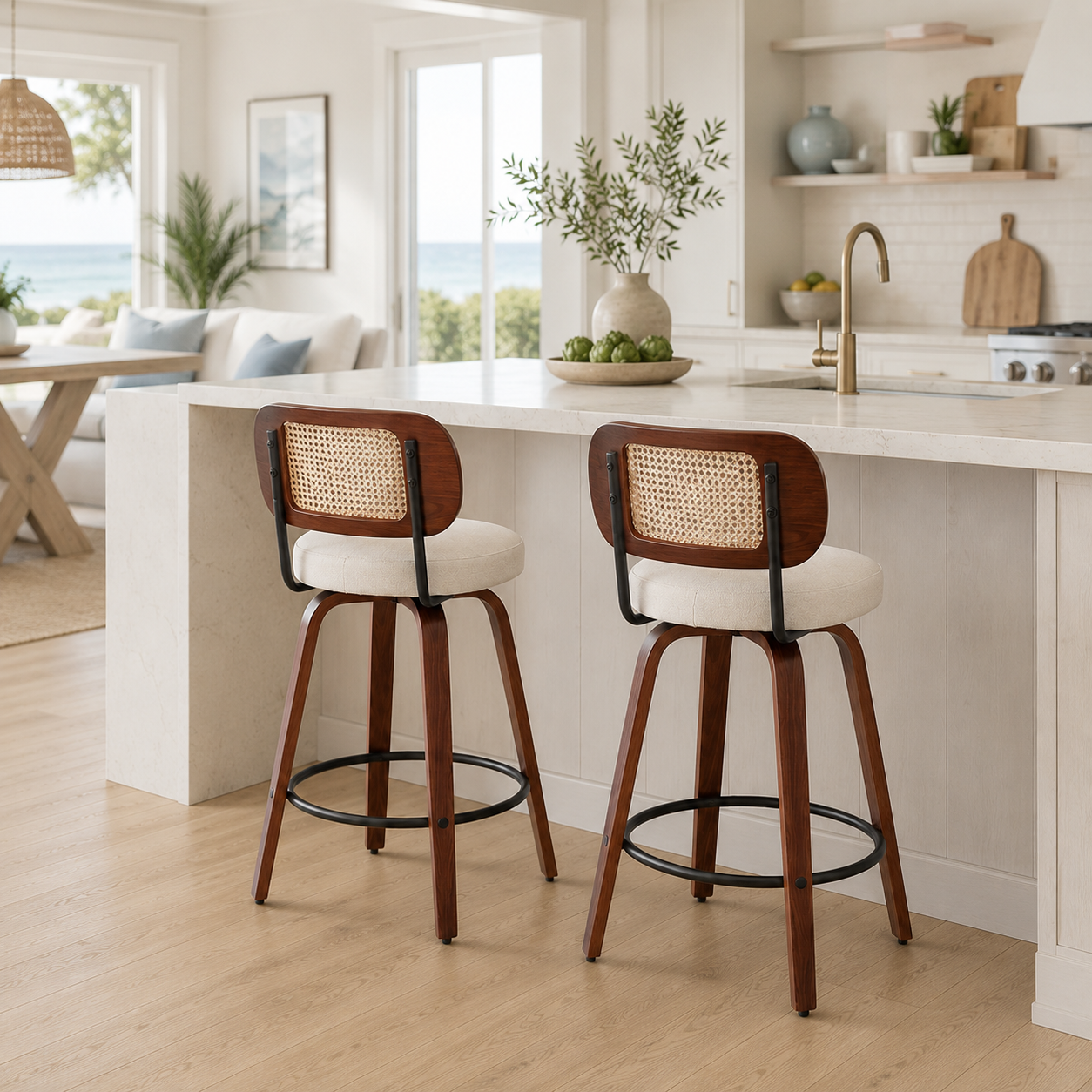 Medoc 26" Rattan Back Swivel Counter Height Linen Upholstered Bar Stool Set of 2