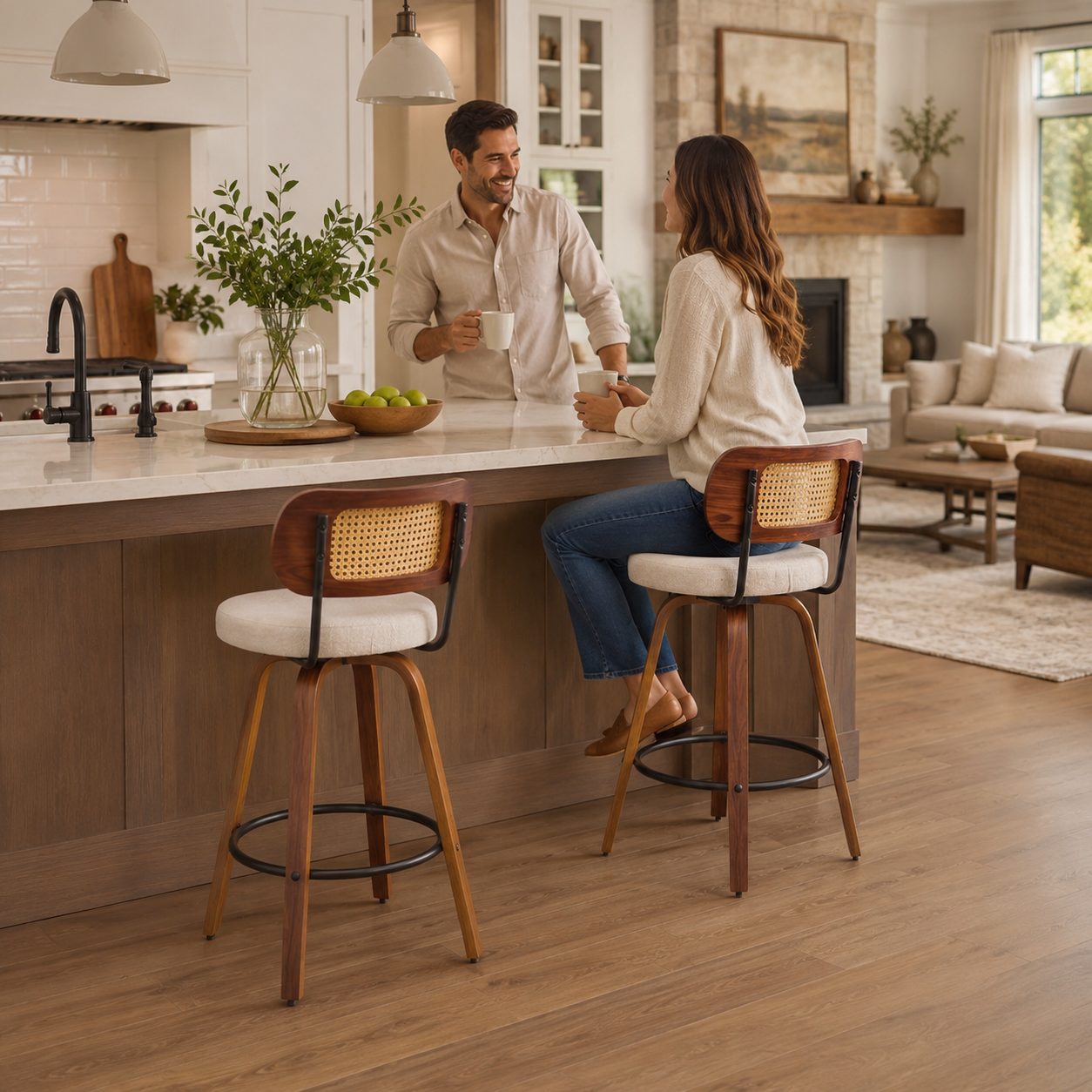 Medoc 26" Rattan Back Swivel Counter Height Linen Upholstered Bar Stool Set of 2