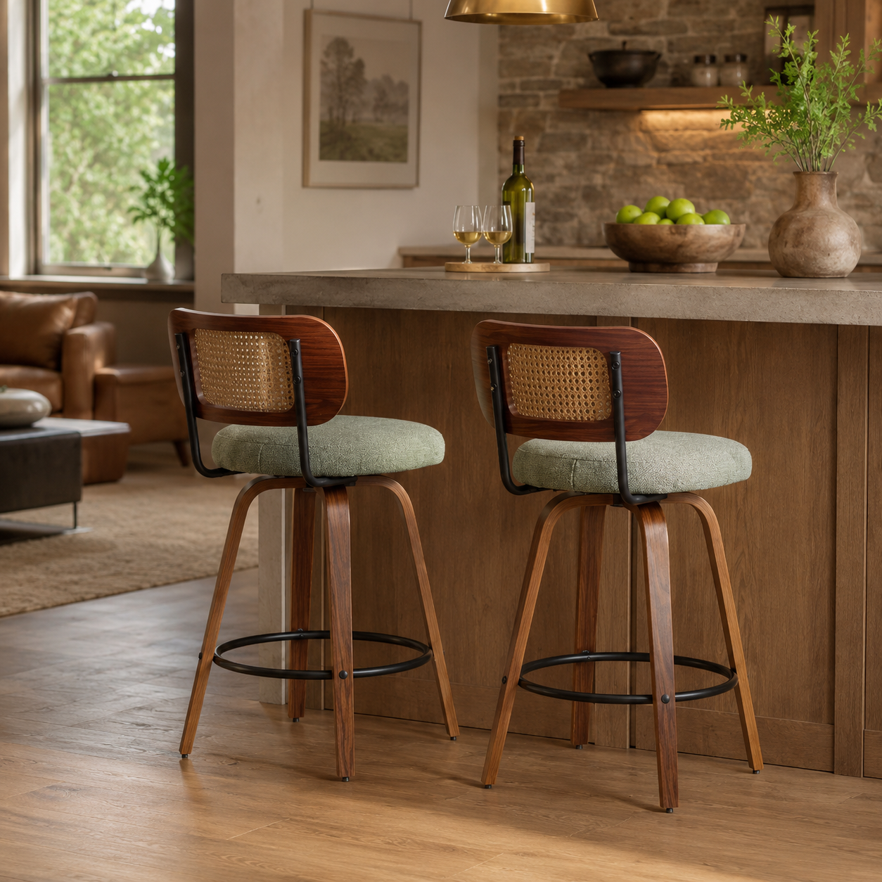 Medoc 26" Rattan Back Swivel Counter Height Linen Upholstered Bar Stool Set of 2