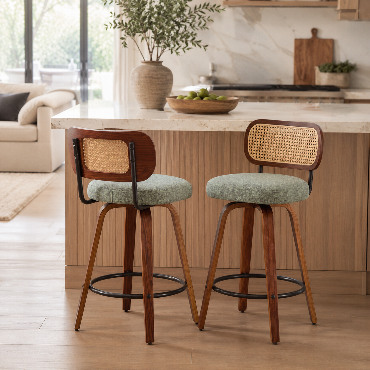 Medoc 26" Rattan Back Swivel Counter Height Linen Upholstered Bar Stool Set of 2