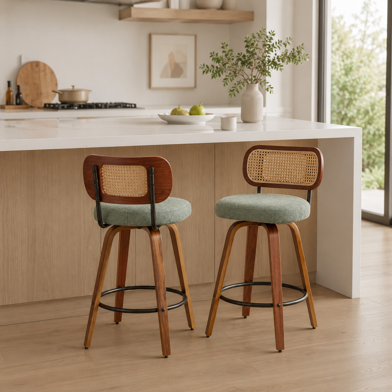 Medoc 26" Rattan Back Swivel Counter Height Linen Upholstered Bar Stool Set of 2