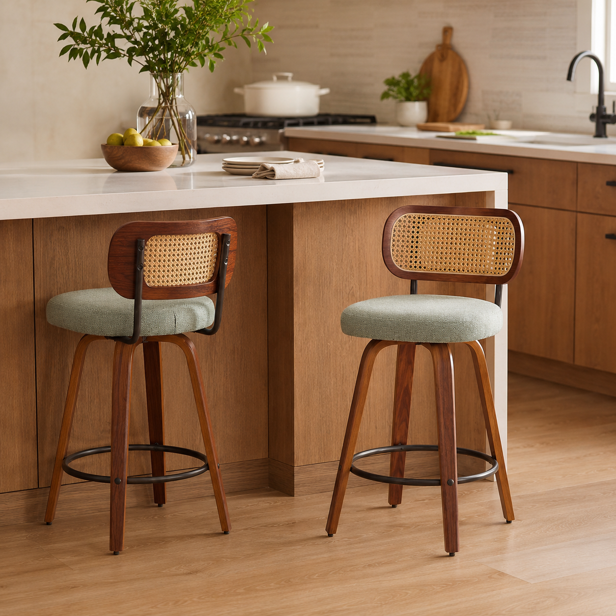 Medoc 26" Rattan Back Swivel Counter Height Linen Upholstered Bar Stool Set of 2