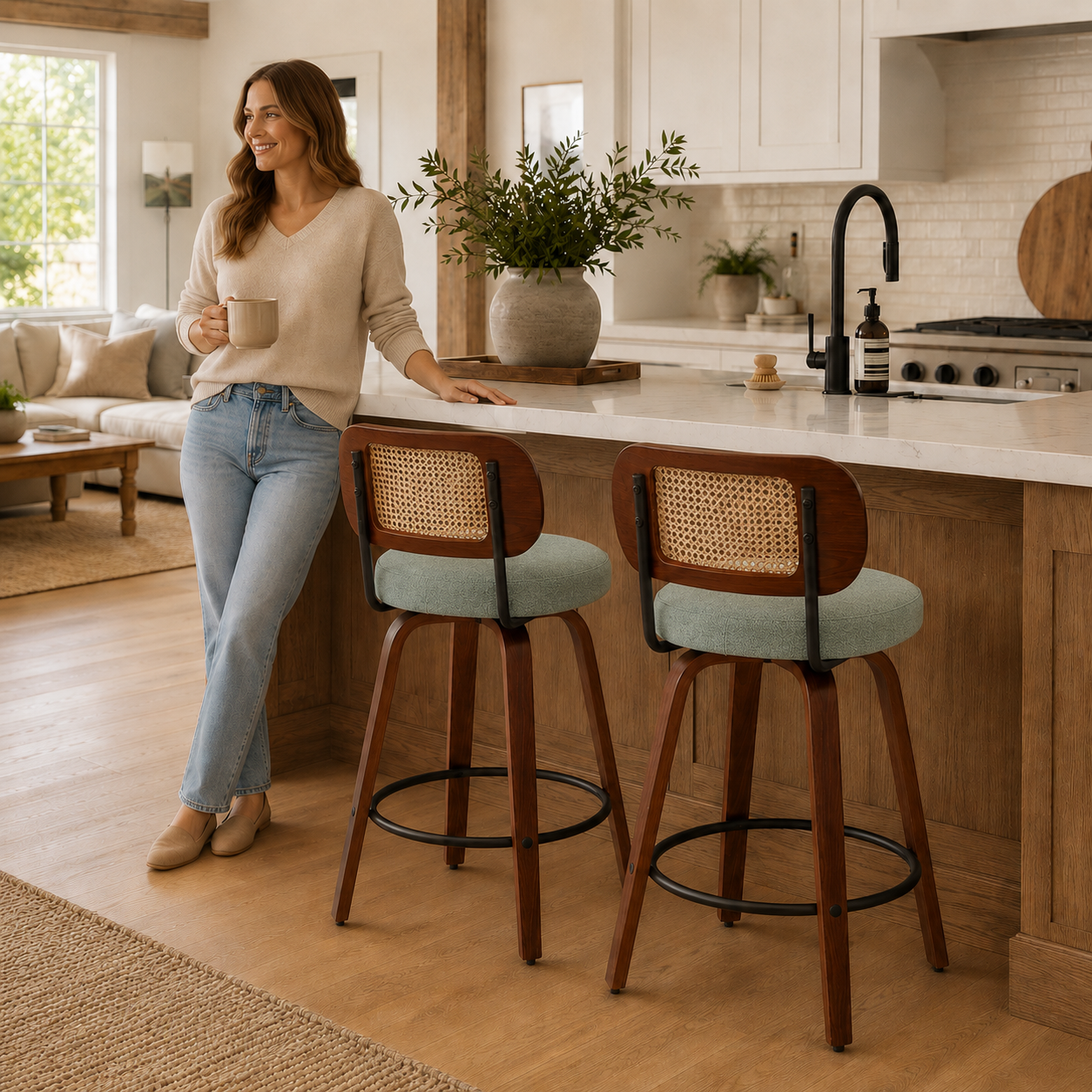 Medoc 26" Rattan Back Swivel Counter Height Linen Upholstered Bar Stool Set of 2