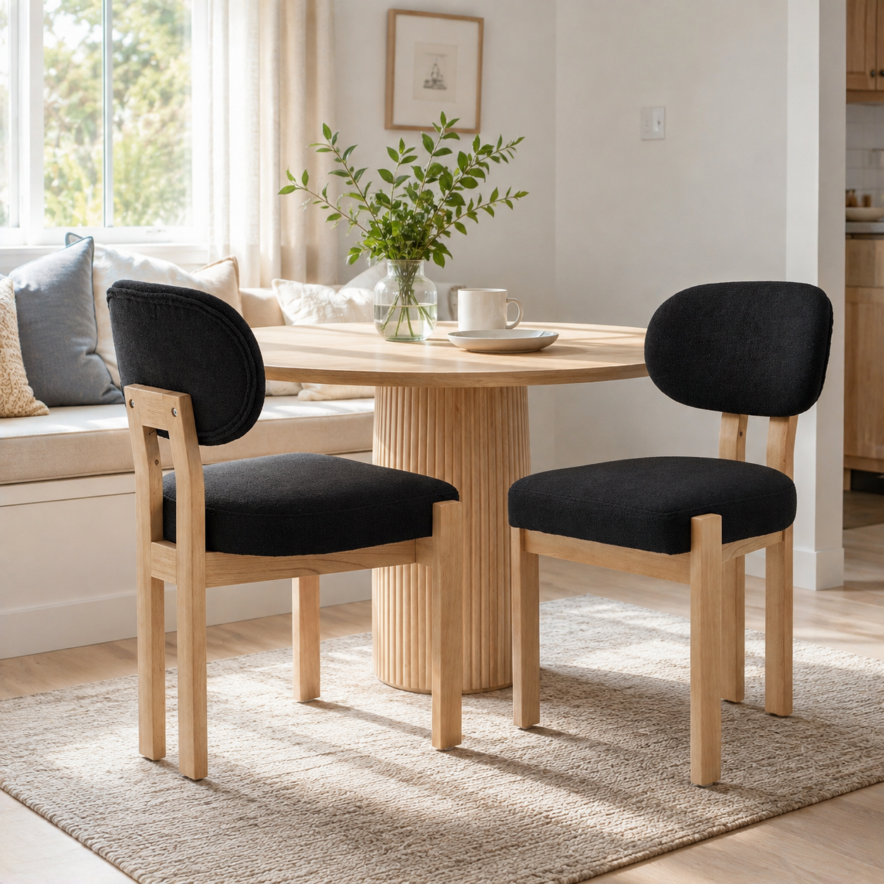 Michigan black dining chairs in a bright dining room with natural wood furniture