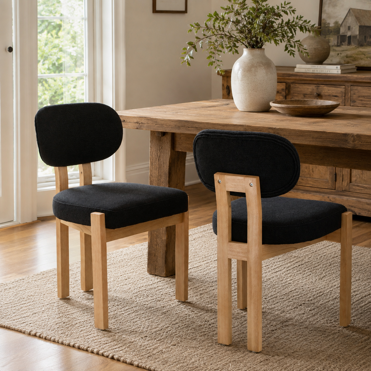 Michigan black upholstered dining chairs in a warm modern farmhouse dining space
