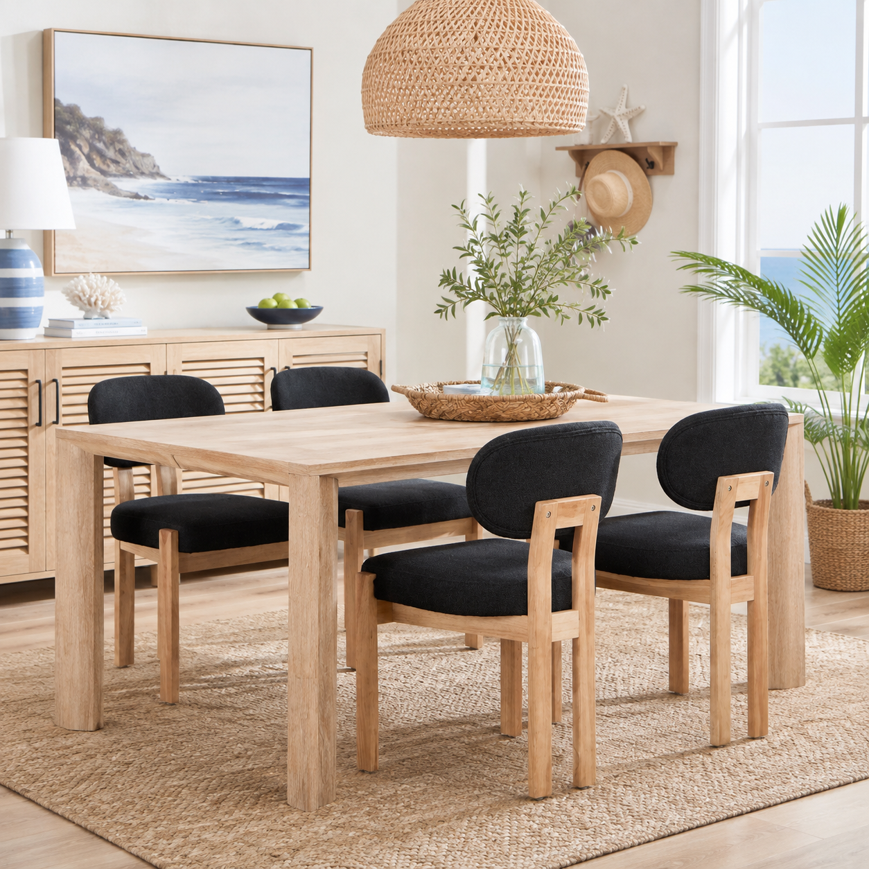 Michigan black dining chair set around a wood table in a cozy neutral dining room
