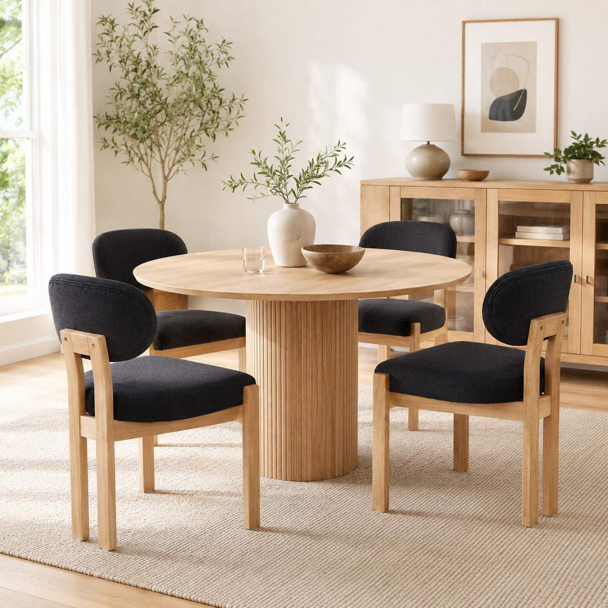 Michigan black dining chair set around a wood table in a cozy neutral dining room