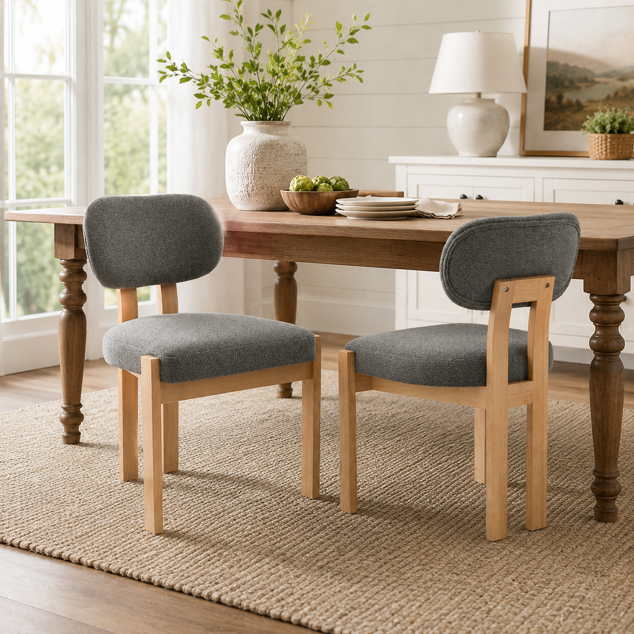 Michigan gray upholstered dining chairs with solid rubberwood legs around a wood dining table