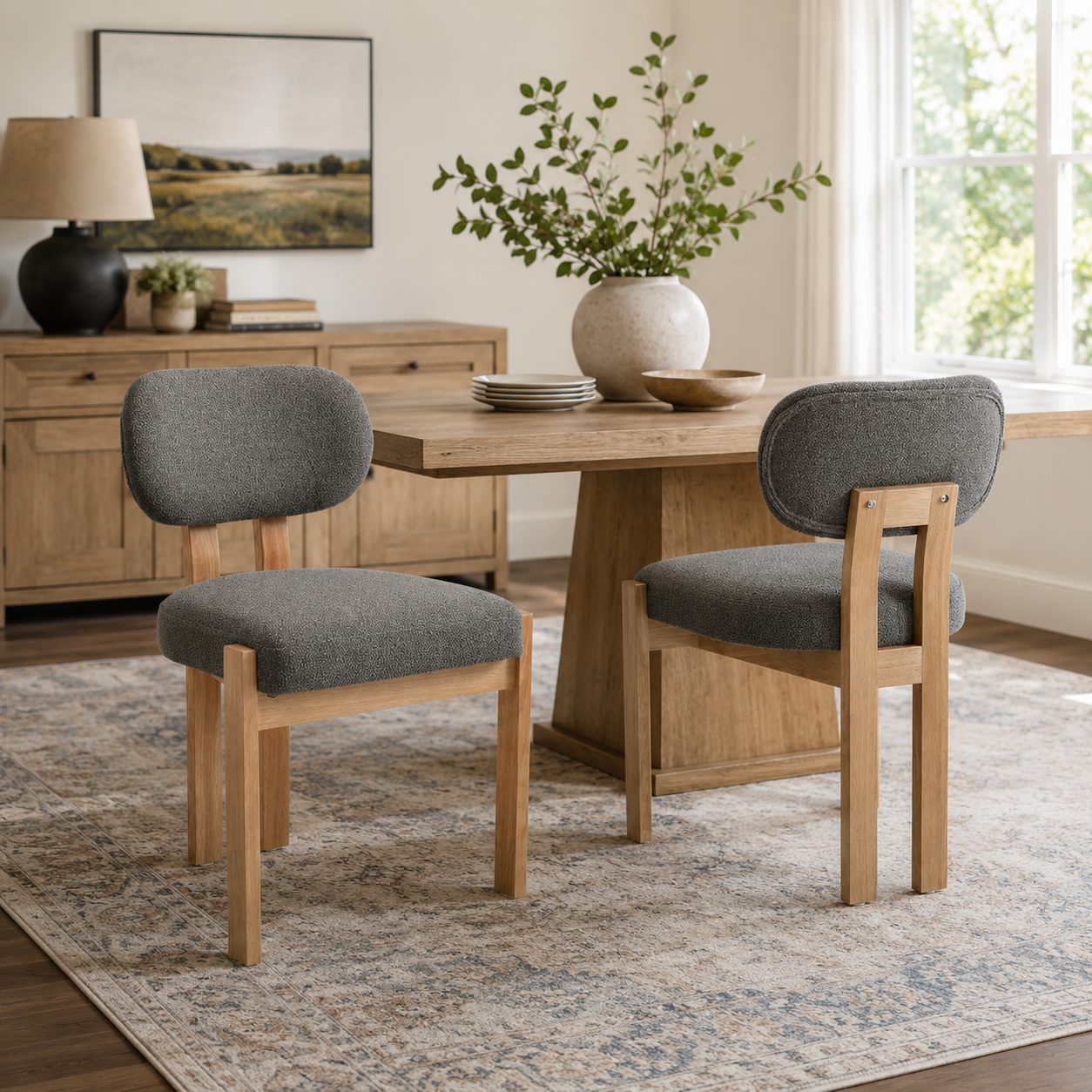 Michigan gray dining chairs in a bright dining room with warm natural wood accents