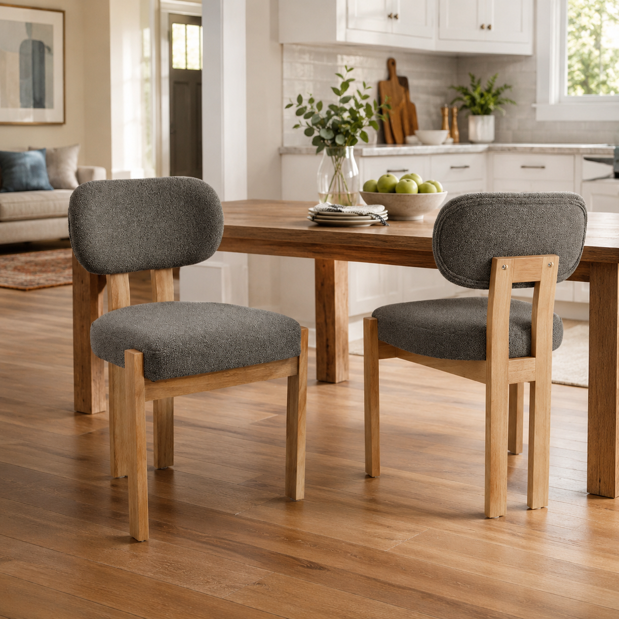 Michigan gray upholstered dining chairs in a cozy farmhouse dining space