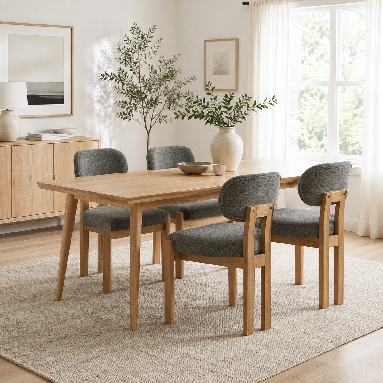 Michigan gray dining chair set around a table in a modern neutral dining room