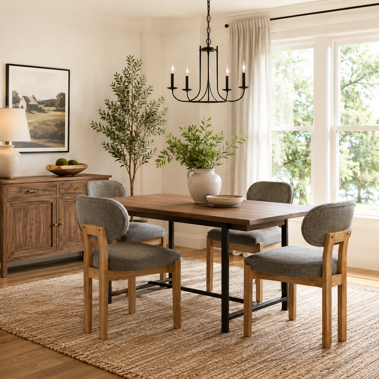 Michigan gray dining chair set around a  table in a modern neutral dining room