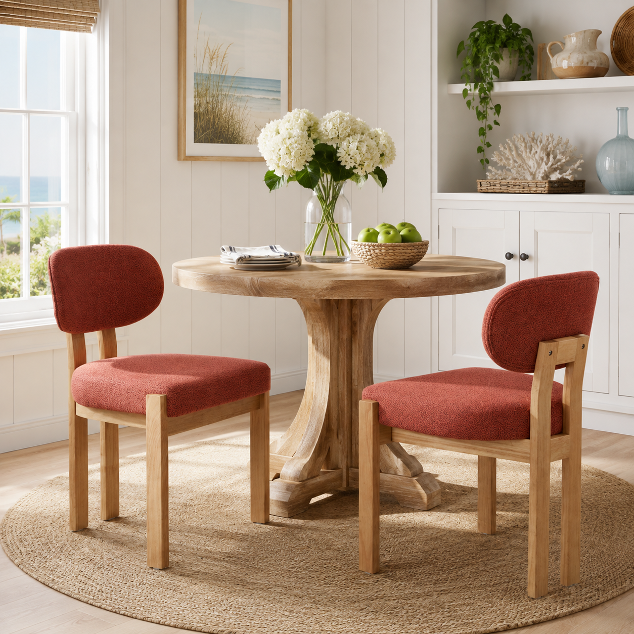 Michigan orange upholstered dining chairs with solid rubberwood legs around a round dining table