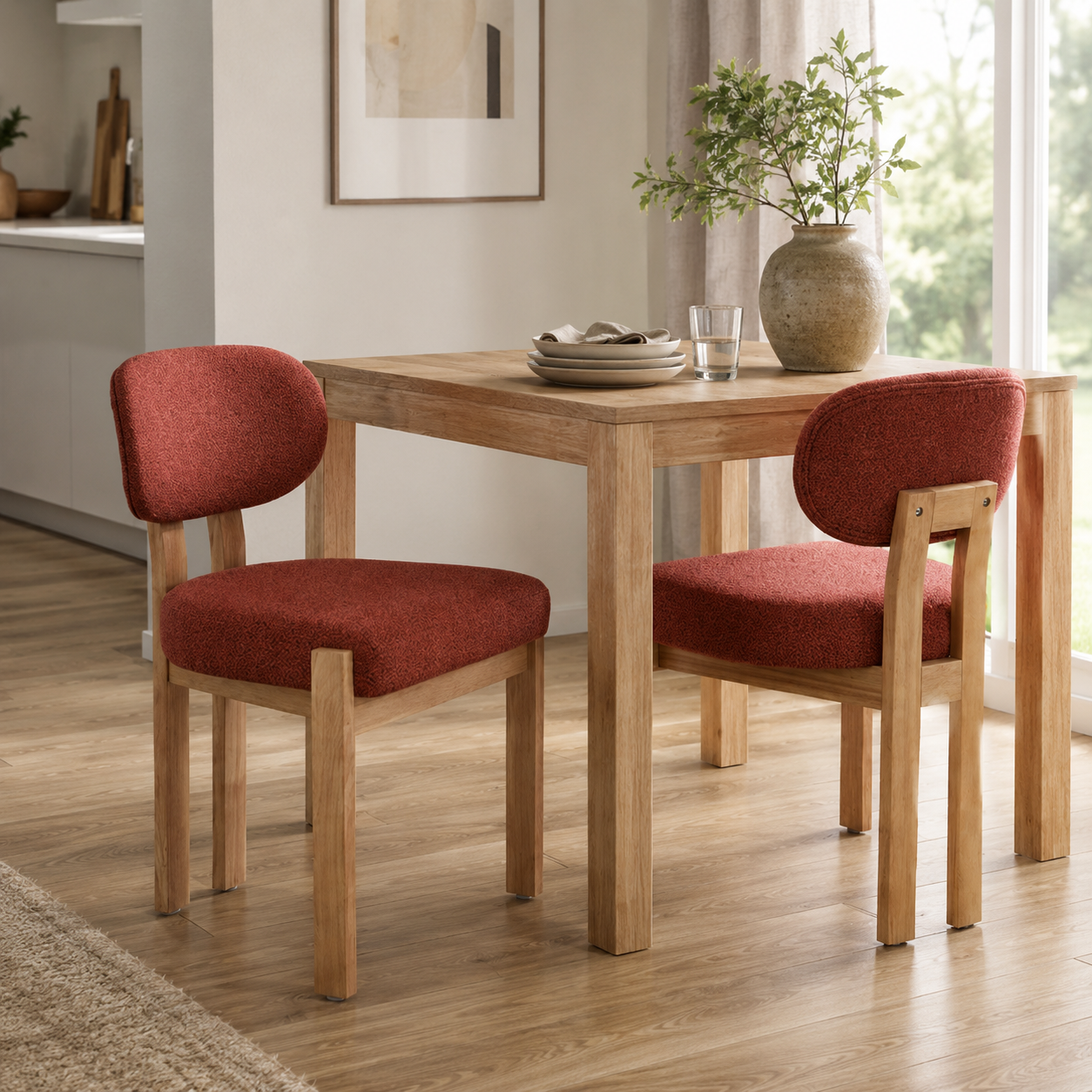 Michigan orange dining chairs in a warm dining room with natural wood furniture