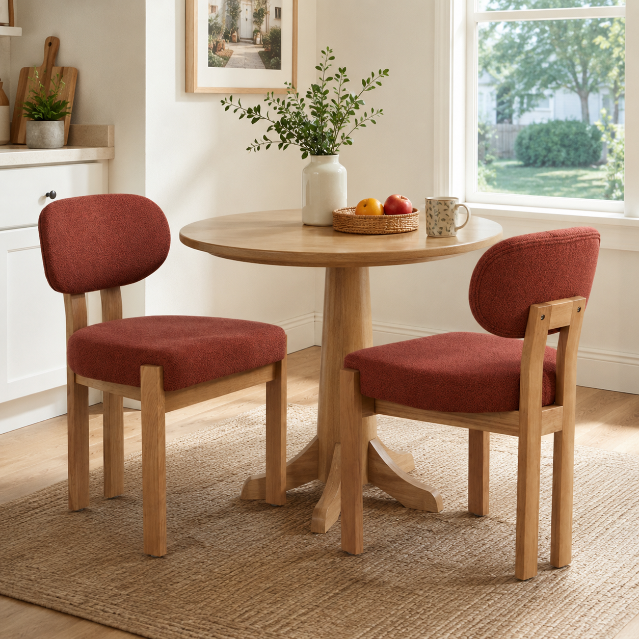 Michigan orange upholstered dining chairs in a bright farmhouse dining space