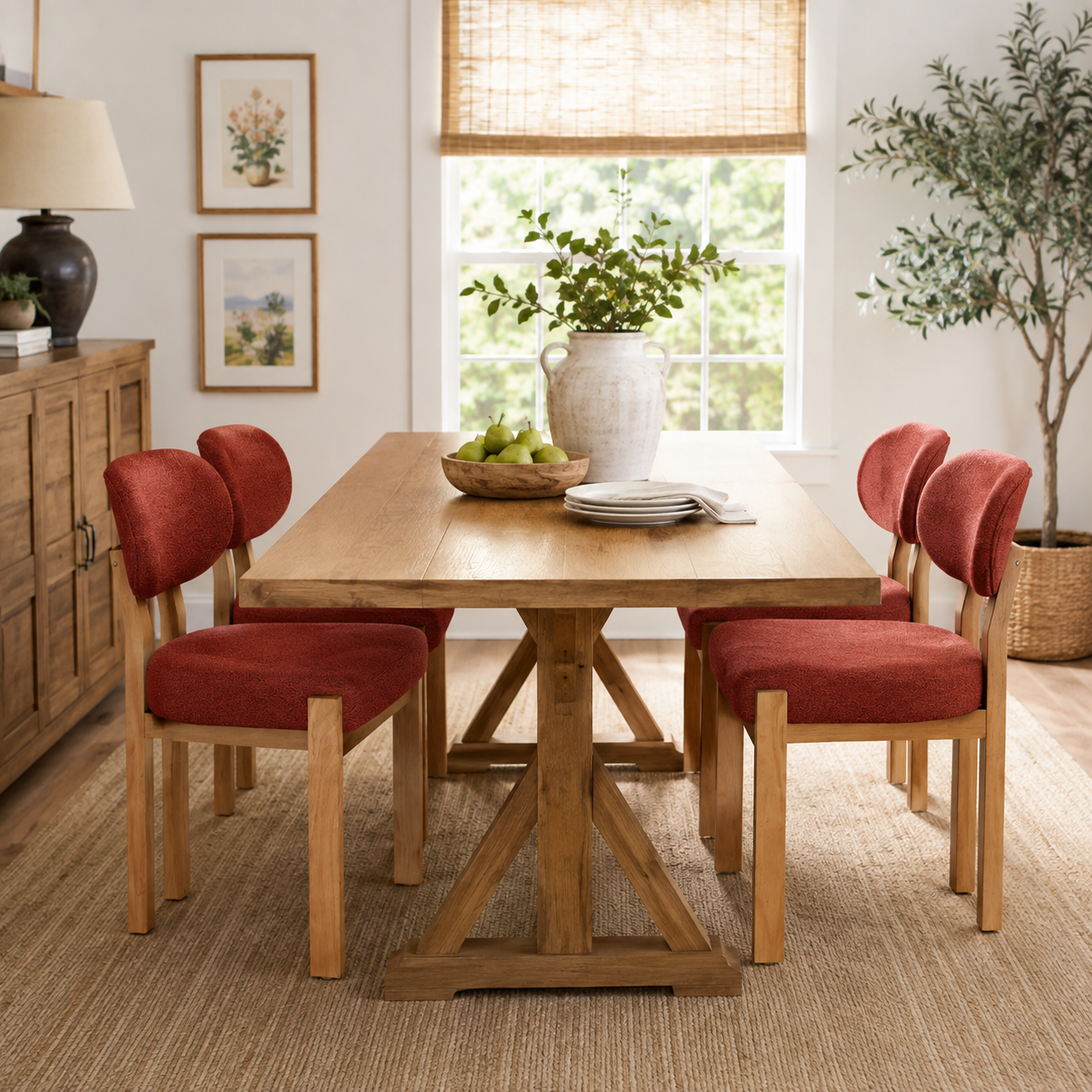 Michigan orange dining chair set beside a wood table in a cozy contemporary room