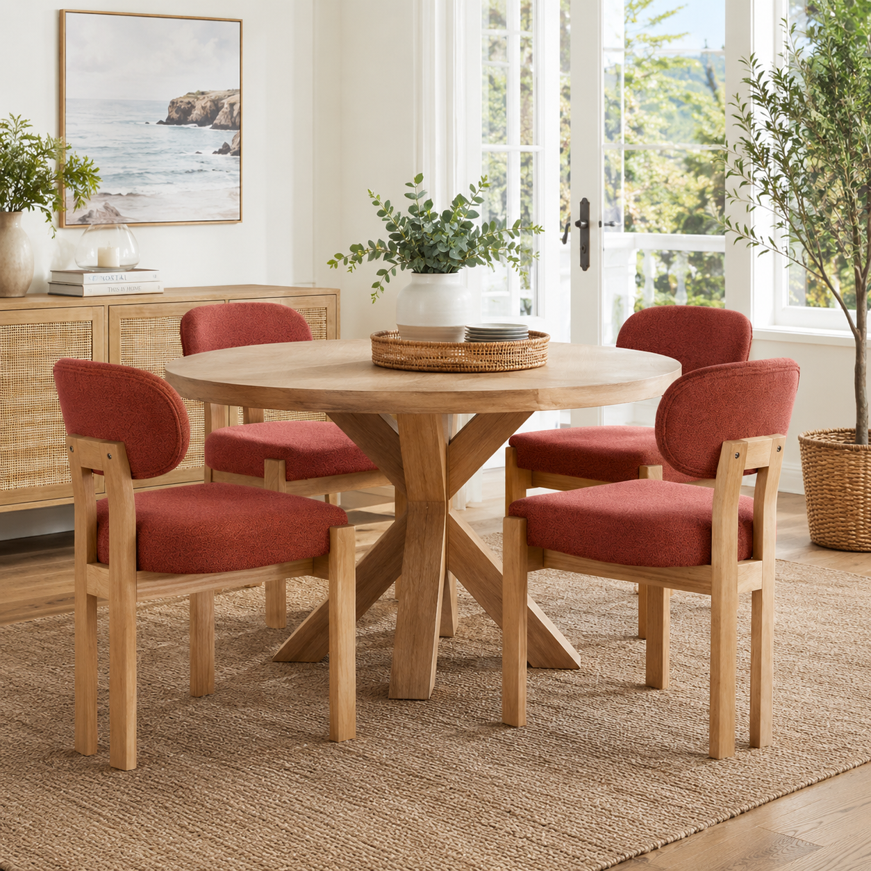 Michigan orange dining chair set beside a wood table in a cozy contemporary room