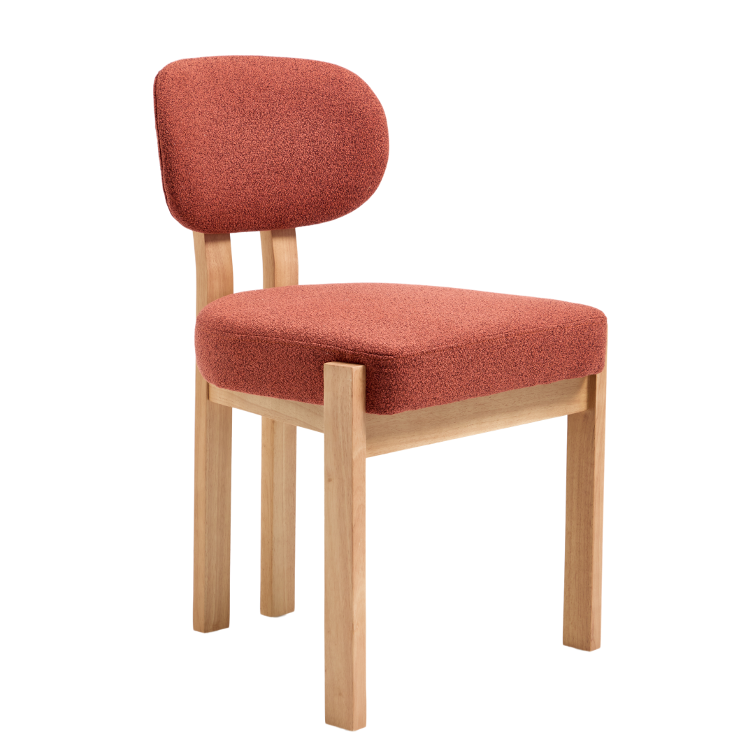 Michigan orange dining chair front angled view with solid rubberwood legs on white background