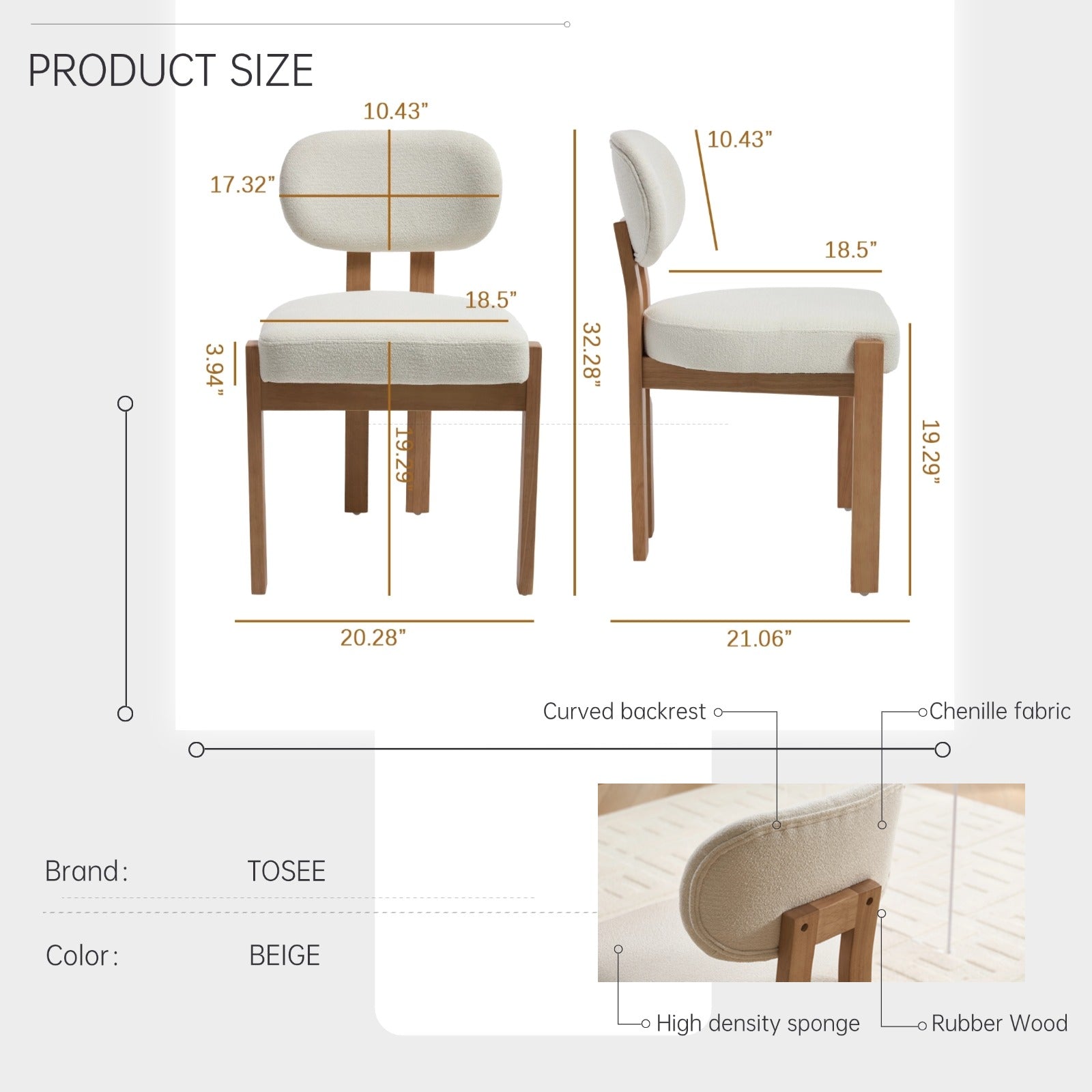 Michigan white upholstered dining chair showing product dimensions with solid rubberwood legs