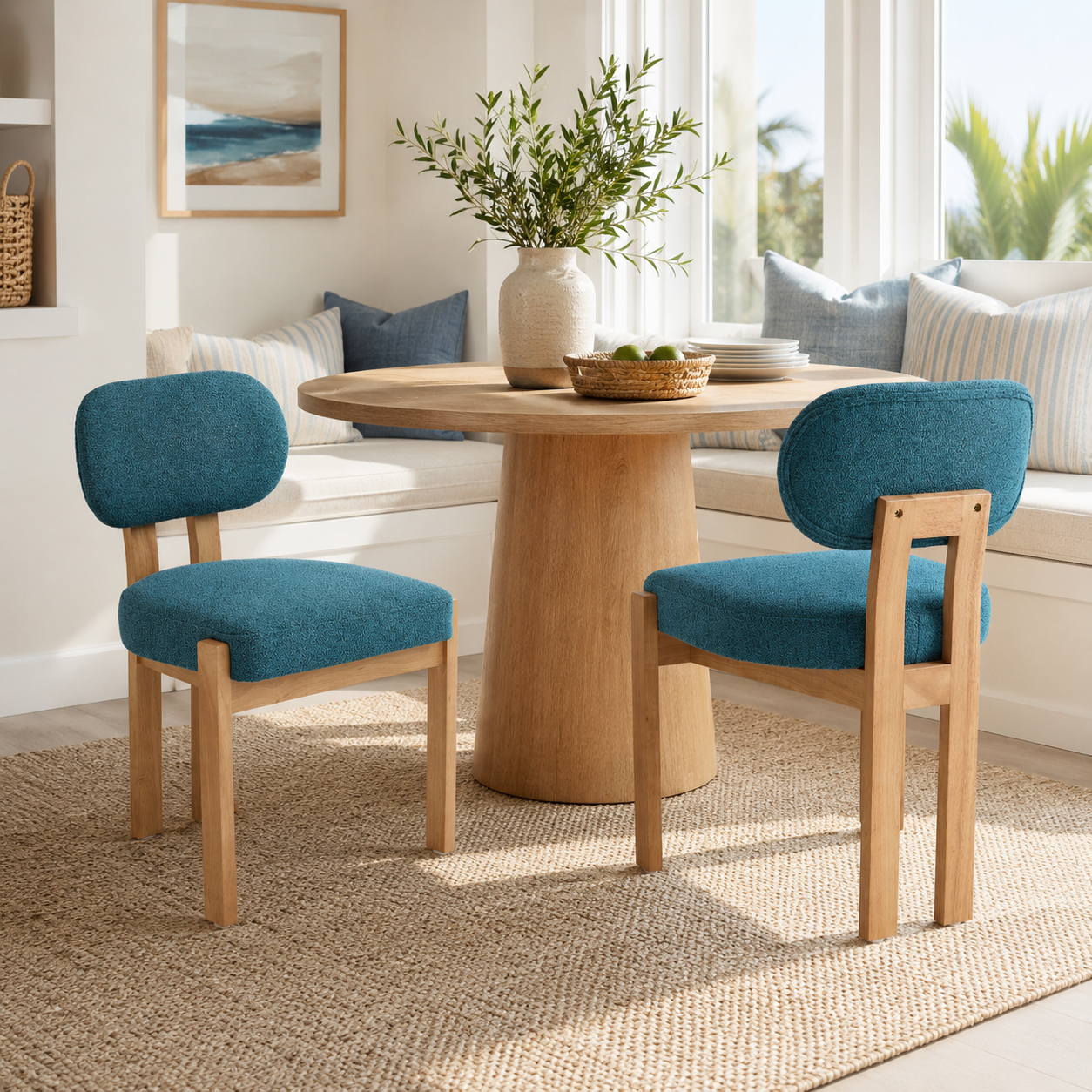 Michigan teal upholstered dining chairs with solid rubberwood legs around a round wood dining table