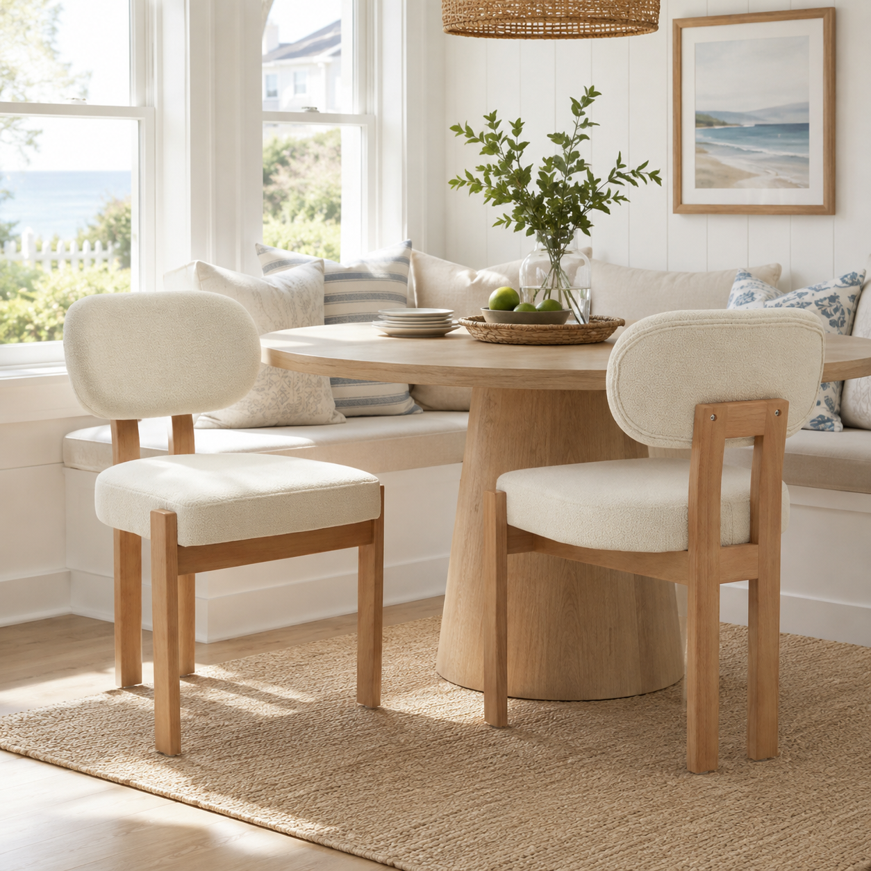 Michigan white upholstered dining chairs with solid rubberwood legs around a round wood dining table