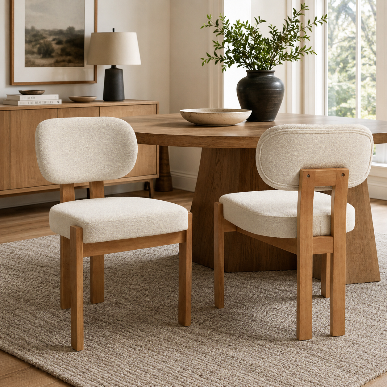 Michigan white dining chairs in a bright dining room with natural wood furniture
