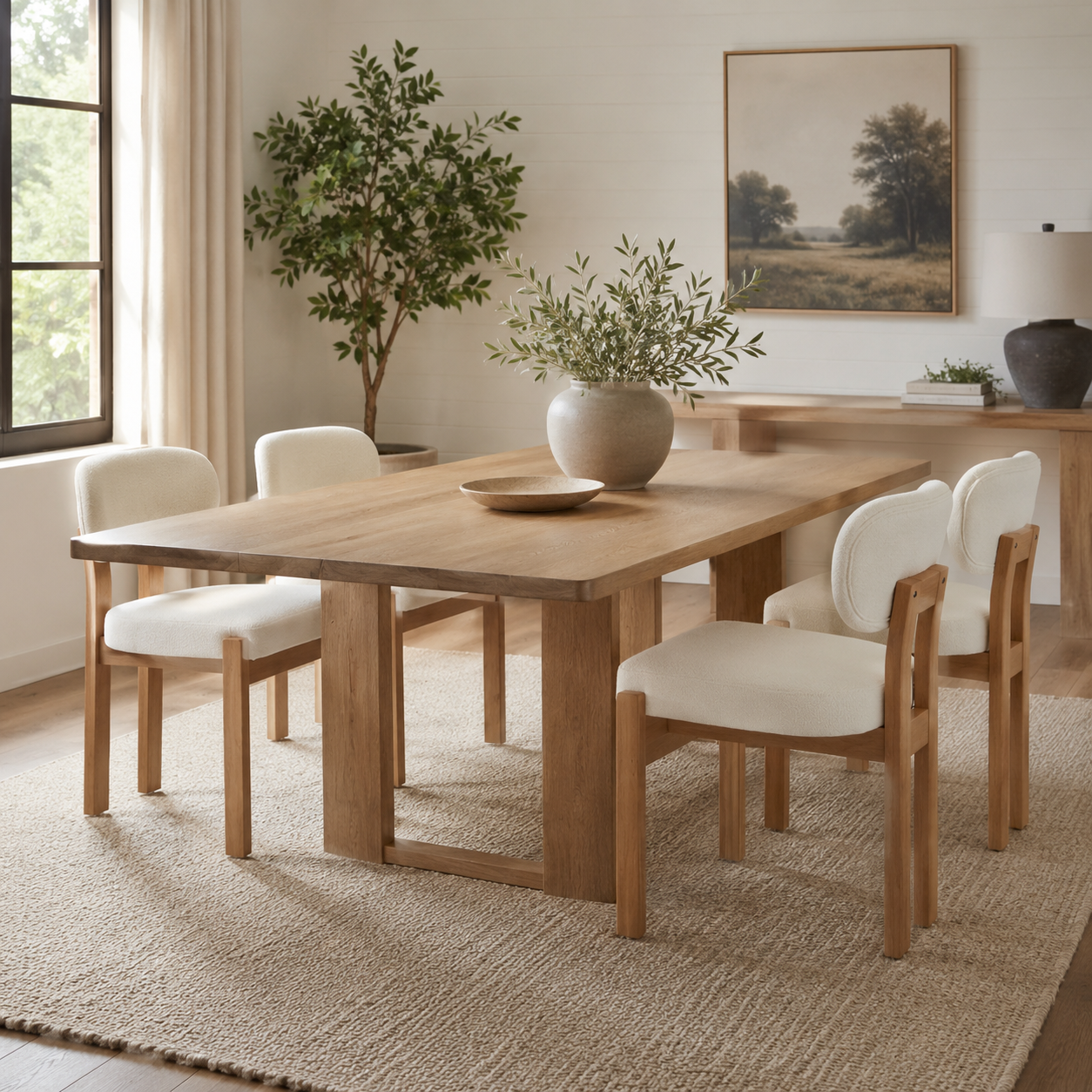 Michigan white upholstered dining chairs in a warm farmhouse dining space with neutral decor