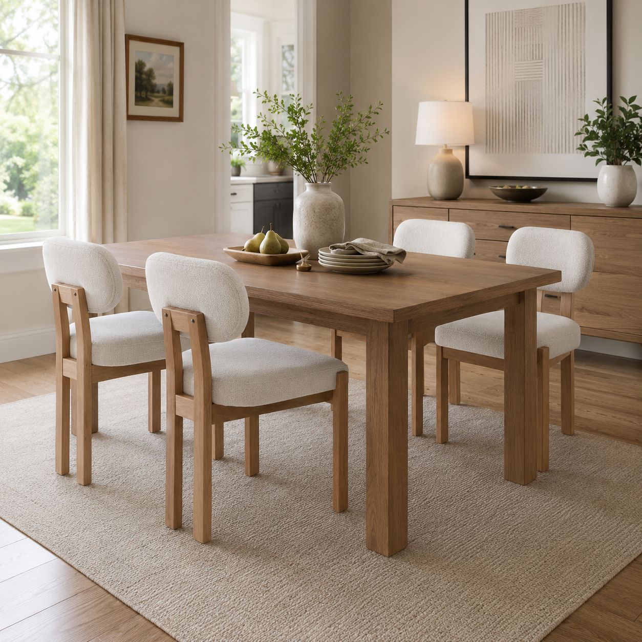 Michigan white dining chair set beside a wood table in a sunlit modern dining room