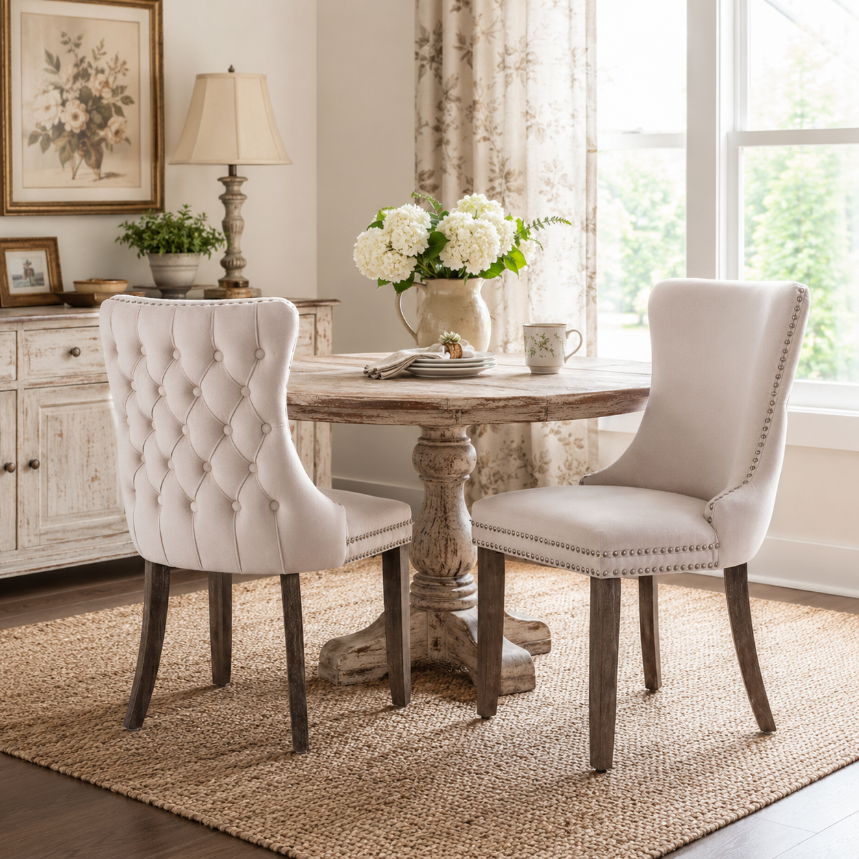 Missouri beige dining chairs with solid wood legs in a bright elegant dining room