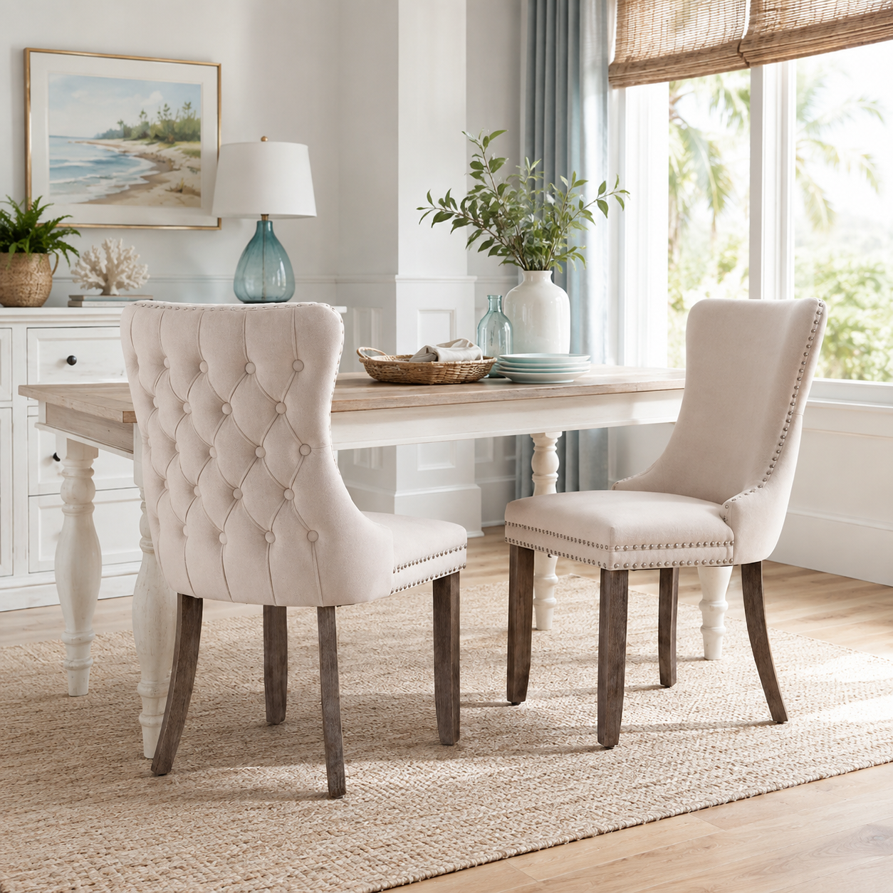 Missouri beige upholstered dining chair set in a warm dining space with neutral decor