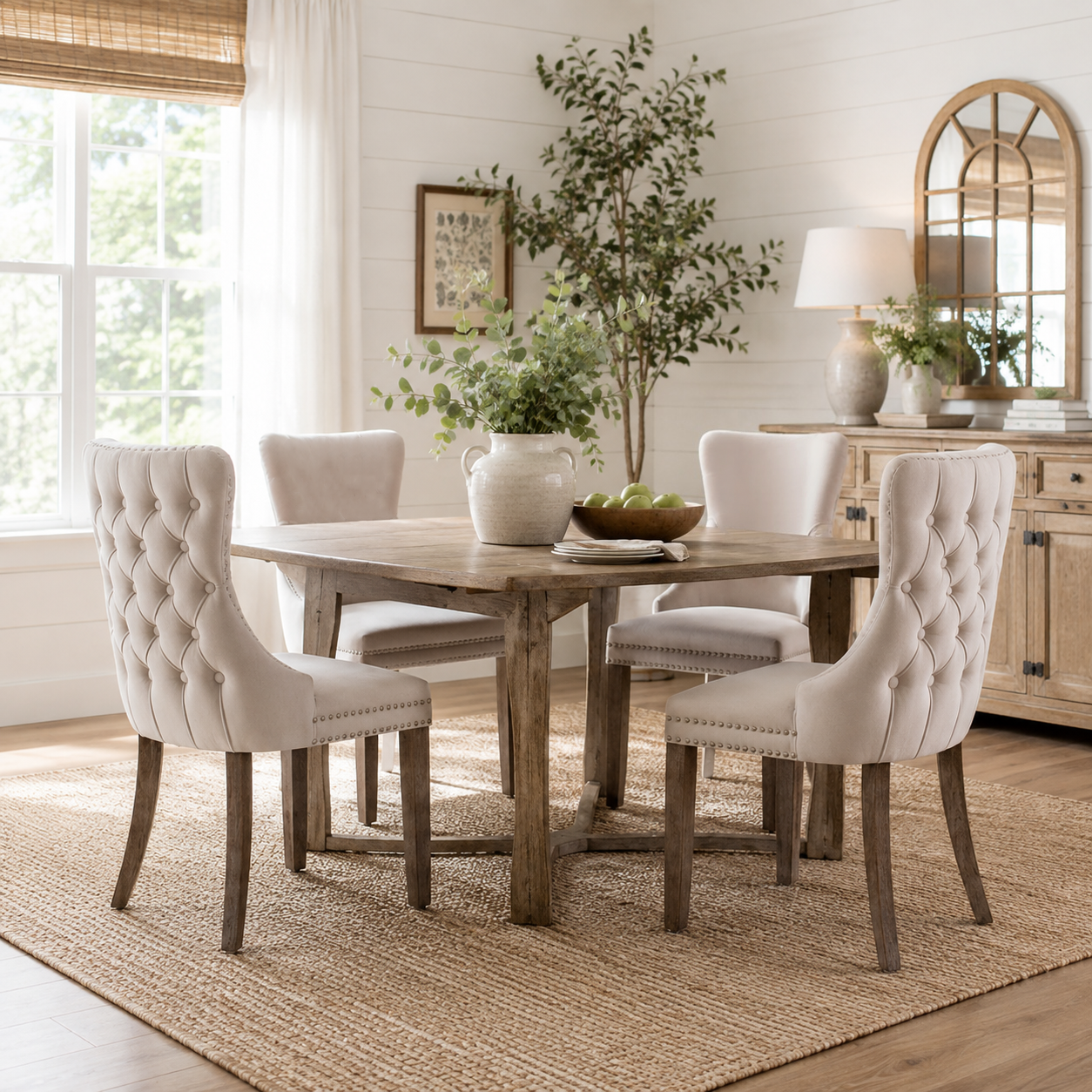 Missouri beige tufted dining chairs arranged around a wood table in a sunlit room